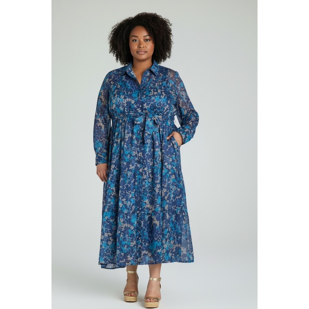 Terra & Sky Womens Shirtdress Size 0X Blue Maxi Floral Tie-Waist Elegant - Picture 10 of 12